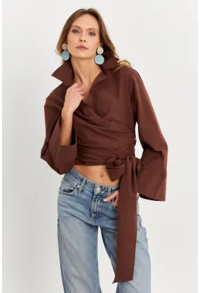 Kadın Kahverengi Önü Bağlamalı İspanyol Kol Gömlek MON142