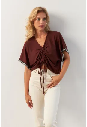 Kadın Kahverengi Önü Büzgülü Bluz XL2039