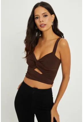 Kadın Kahverengi Önü Büzgülü Crop Bluz B189
