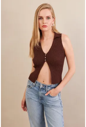 Kadın Kahverengi Polo Yaka Yumoş Yelek ZH050