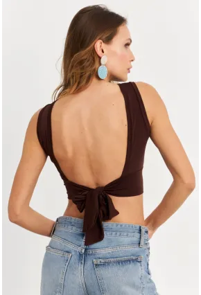 Kadın Kahverengi Sırt Bağlamalı Crop Bluz EY2733