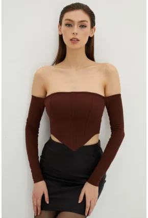 Kadın Kahverengi Sırt Fermuarlı Crop Bluz B518