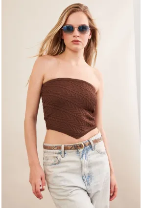 Kadın Kahverengi Straplez Triko Crop Bluz ZH049