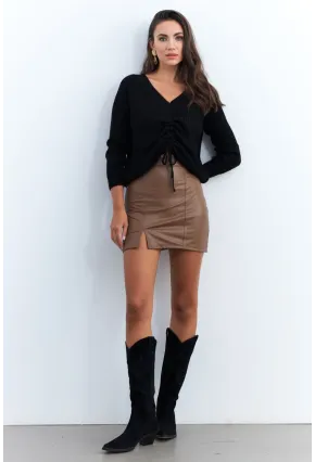 Kadın Kahverengi Suni Deri Mini Etek ELT3634