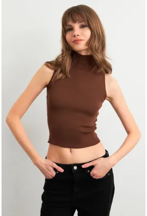 Kadın Kahverengi Triko Kolsuz Bluz YV305
