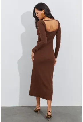 Kadın Kahverengi V Yaka Maxi Kaşkorse Elbise EY1086