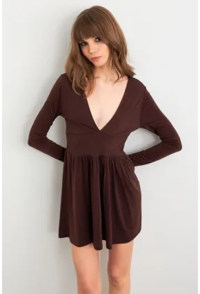 Kadın Kahverengi V Yaka Mini Elbise LİK17