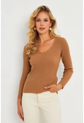 Kadın Kahverengi V Yaka Triko Bluz YV284
