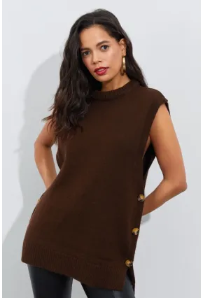 Kadın Kahverengi Yanları Düğmeli Kolsuz Triko Tunik YV75