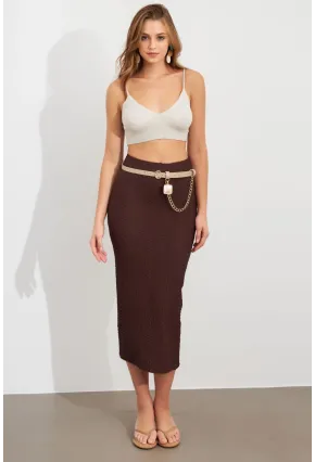 Kadın Kahverengi Yırtmaçlı Bürümcük Midi Etek ZH329