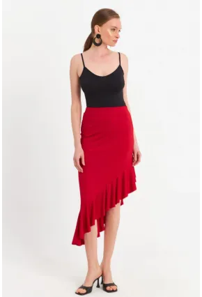 Kadın Kırmızı Asimetrik Pileli Etek EV741