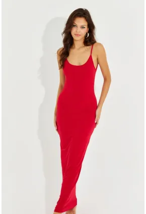 Kadın Kırmızı Ayarlanabilir Askılı Maxi Elbise MEN2004