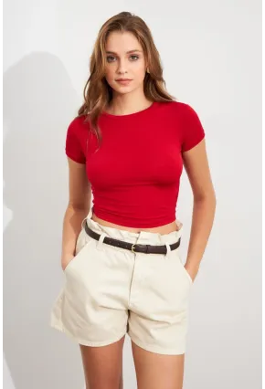 Kadın Kırmızı Basic Kısa Kollu Bluz UG2444