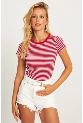 Kadın Kırmızı-Beyaz Çizgili Bluz XL2005