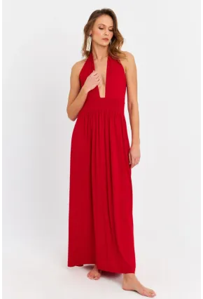 Kadın Kırmızı Boyun Bağlamalı Maxi Elbise EY3075