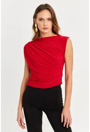 Kadın Kırmızı Büzgülü Kolsuz Bluz LPP1205-90