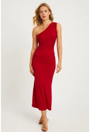 Kadın Kırmızı Büzgülü Yırtmaçlı Midi Elbise MON134