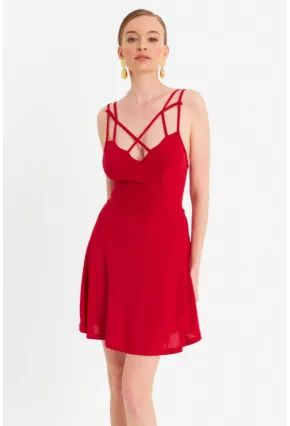 Kadın Kırmızı Çapraz Askılı Mini Elbise ELT182