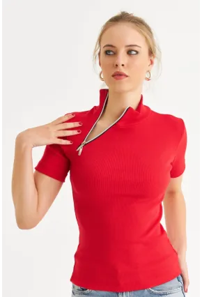 Kadın Kırmızı Çapraz Fermuarlı Kaşkorse Bluz EY3000