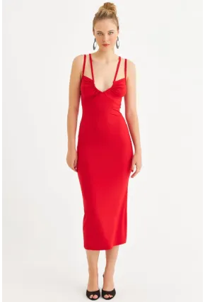 Kadın Kırmızı Çift Askılı V Yaka Midi Elbise EY3087