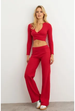 Kadın Kırmızı Crop Üstlü İkili Pantolon Takım XL10052