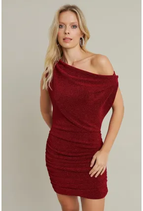 Kadın Kırmızı Degaje Yaka Büzgülü Mini Elbise YEL96