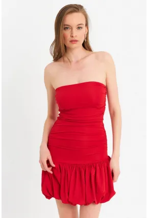 Kadın Kırmızı Drapeli Mini Elbise B6033