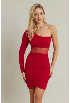 Kadın Kırmızı Drapeli Tül Detaylı Mini Elbise ELT3850