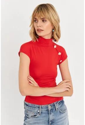 Kadın Kırmızı Düğme Detaylı Bluz EY3027