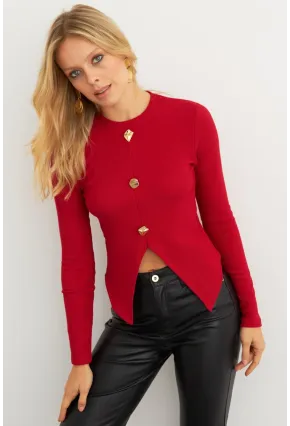 Kadın Kırmızı Düğme Detaylı Bluz RLO83