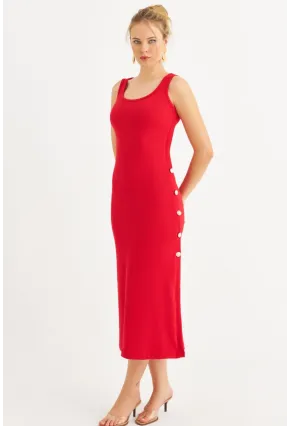 Kadın Kırmızı Düğme Detaylı Kaşkorse Midi Elbise EY2837