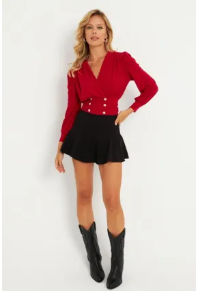 Kadın Kırmızı Düğme Detaylı Kruvaze Bluz ELT3188