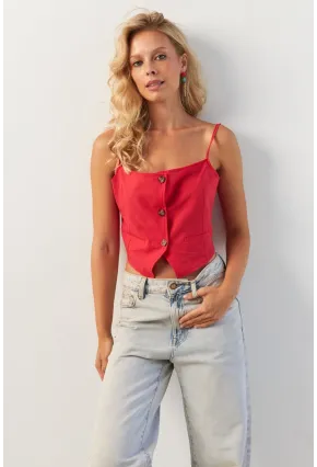 Kadın Kırmızı Düğmeli İp Askılı Yelek MP20153