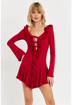Kadın Kırmızı Fırfırlı Mini Elbise DCF121