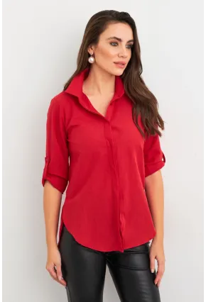 Kadın Kırmızı Gizli Düğmeli Uzun Gömlek SF2001