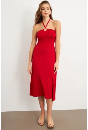 Kadın Kırmızı Halka Detaylı Midi Elbise EY3089