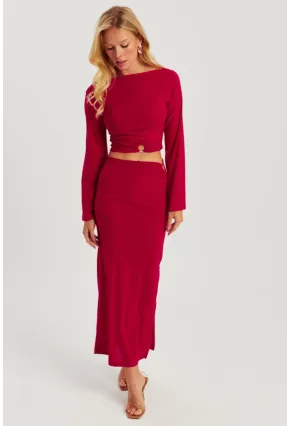 Kadın Kırmızı Halka Detaylı Sırtı Açık Etek Takım HO051