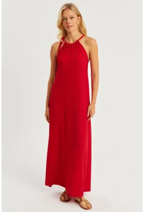 Kadın Kırmızı Halter Yaka Bürümcük Midi Elbise EY2788