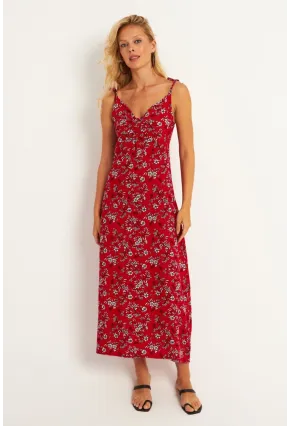 Kadın Kırmızı İp Askılı Çiçekli Midi Elbise GÇ172