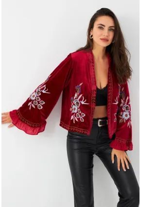 Kadın Kırmızı İspanyol Kol Nakışlı Kadife Ceket QS5577