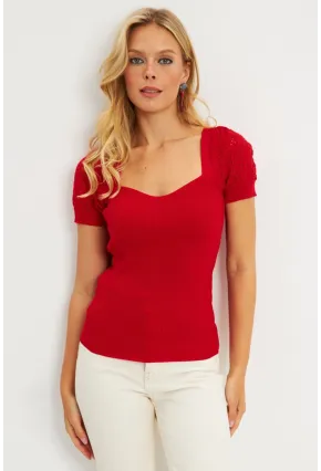Kadın Kırmızı Kalp Taka Triko Bluz SMT228