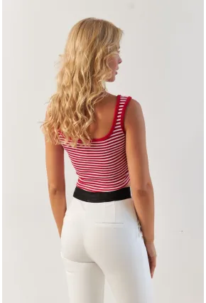 Kadın Kırmızı Kare Yaka Çizgili Bluz XL2036