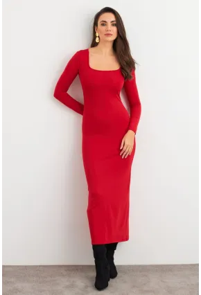 Kadın Kırmızı Kare Yaka Midi Elbise XC8102