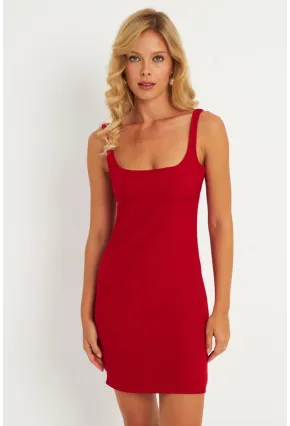 Kadın Kırmızı Kare Yaka Mini Elbise KED4291