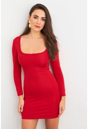 Kadın Kırmızı Kare Yaka Mini Elbise XC8100