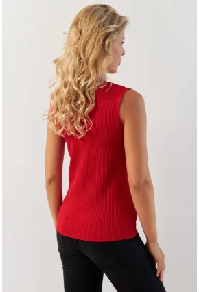 Kadın Kırmızı Kare Yaka Triko Bluz SMT243