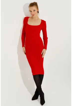 Kadın Kırmızı Kare Yaka Triko Midi Elbise SF2520