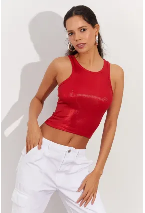 Kadın Kırmızı Metalik Crop Bluz LPP1218