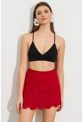 Kadın Kırmızı Nakışlı Mini Etek ZH111