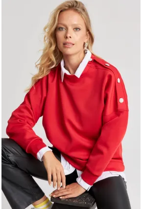 Kadın Kırmızı Omuz Taşlı Dalgıç Sweatshirt ST824